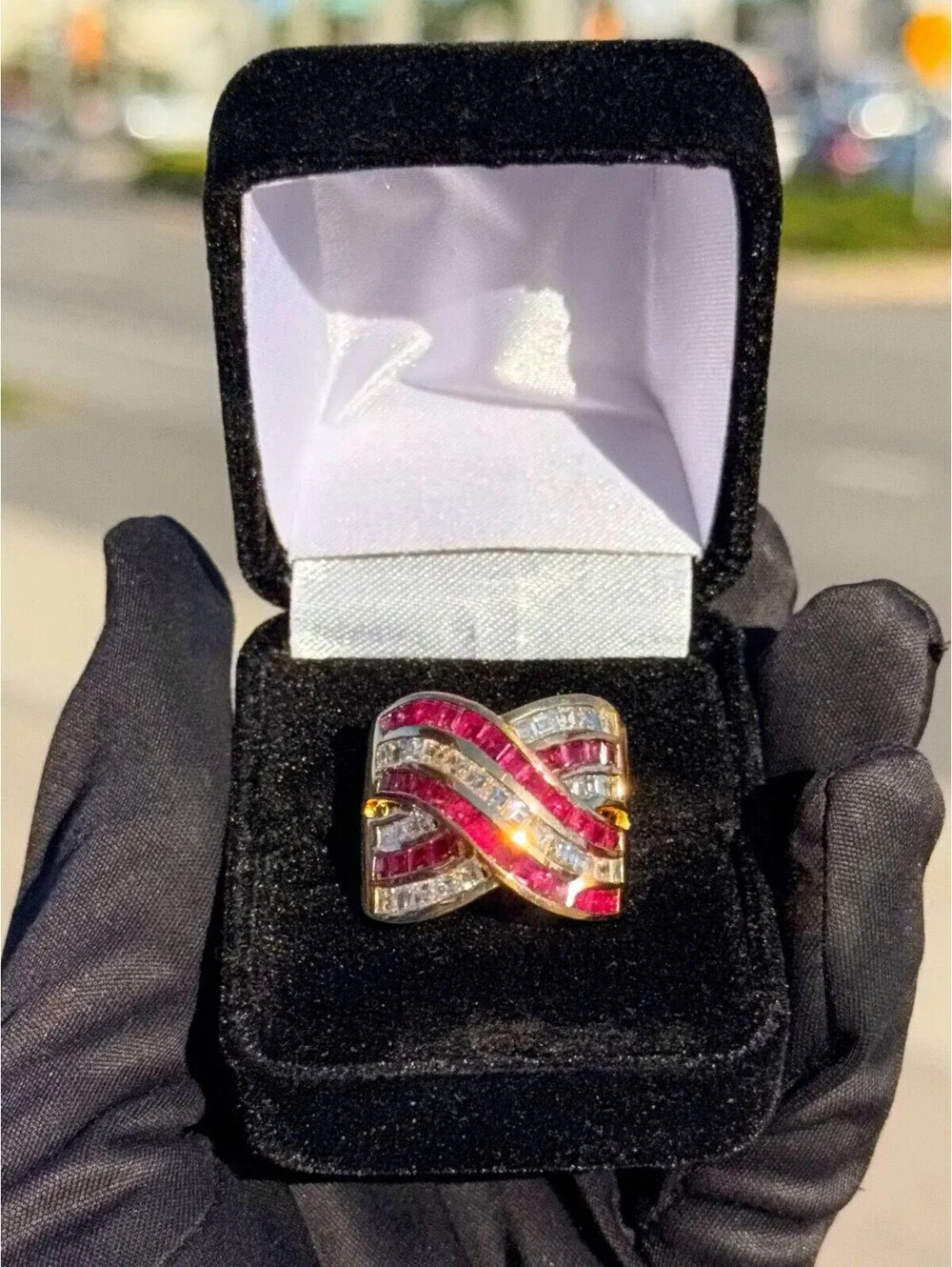 18k Yellow Gold Princess Cut Natural Diamond Ruby Crossover Cocktail Ring Sz 8